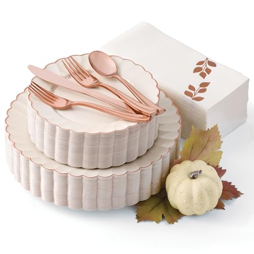By Madee HEAVYWEIGHT 175 Pc Thanksgiving Plastic Plates and Napkins Sets – Ivory Scalloped Plates with Rose Gold Trim | Fall Disposable Dinnerware Set | Host Beautifully (25 Guests) - Image 1