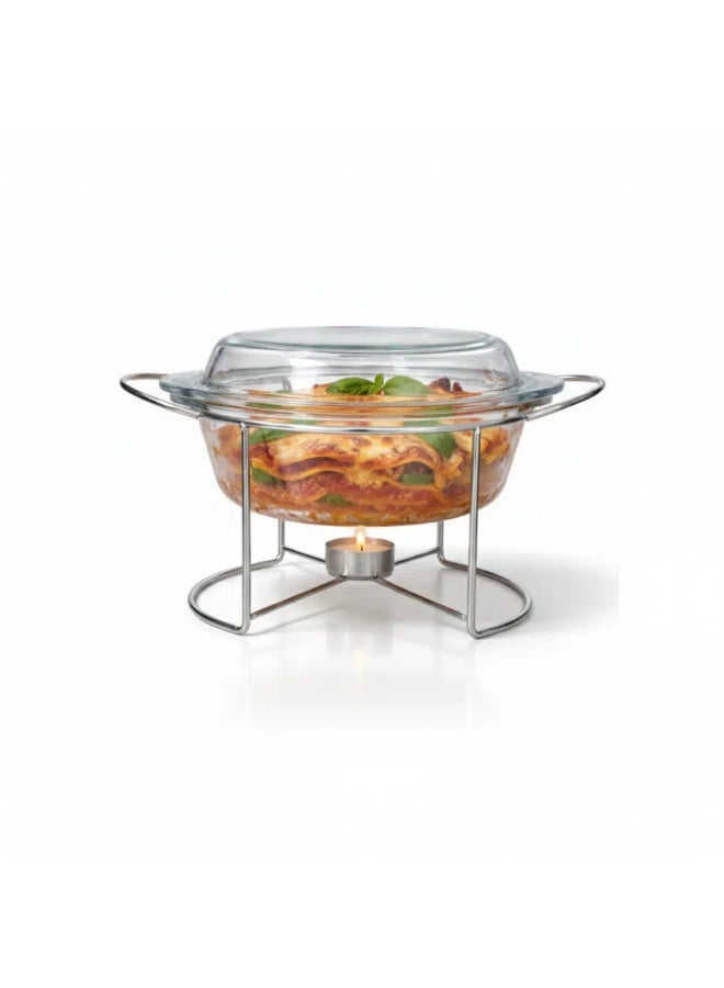 Borcam Round Glass Casserole with Cover & Silver Stand – 2100ml-Turkey Made - Image 1