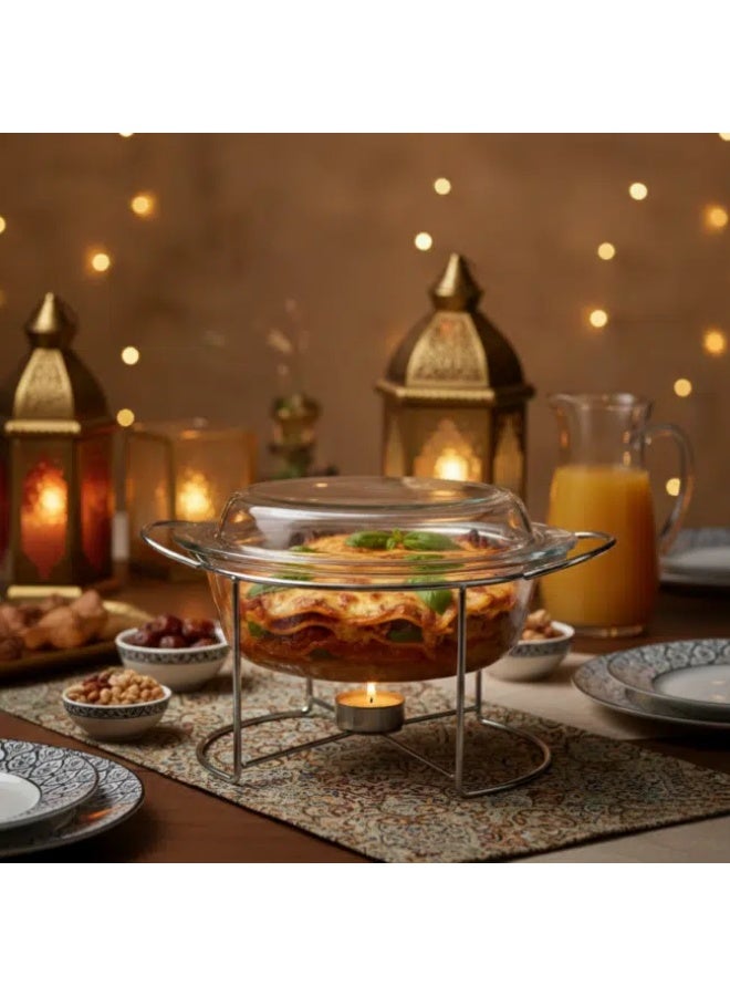Borcam Round Glass Casserole with Cover & Silver Stand – 2100ml-Turkey Made - Image 2
