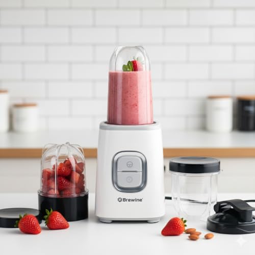 Brewine Nutrifit Blender TORA 500 | Powerful 500W Copper Motor | 3 Cups | Smoothies, Protein Shakes, Coffee & Spice Grinder | 2 Storage Lids & 1 Sipper Lid | Pulse/On-Off (White) - Image 1