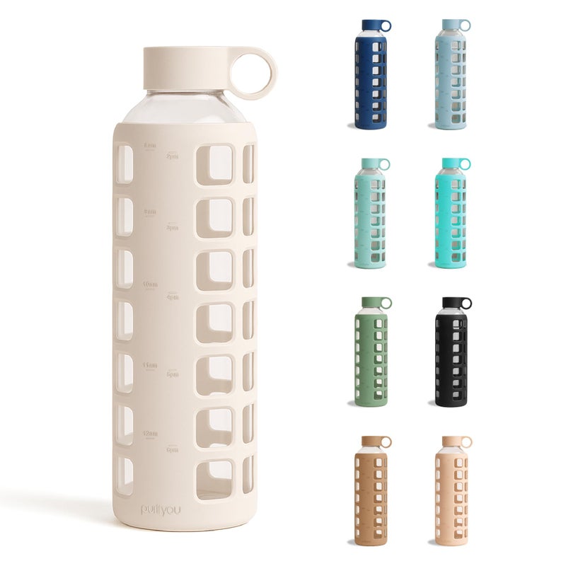 purifyou 40oz / 32oz / 22oz / 12oz Borosilicate Glass Water Bottle with Time & Volume Markers, Silicone Sleeve, Stainless Steel Lid | Reusable Glass Bottle for Water & Juice (32oz Pearled Ivory) - Image 1