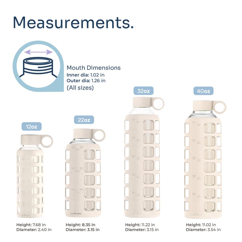 purifyou 40oz / 32oz / 22oz / 12oz Borosilicate Glass Water Bottle with Time & Volume Markers, Silicone Sleeve, Stainless Steel Lid | Reusable Glass Bottle for Water & Juice (32oz Pearled Ivory) - Image 2