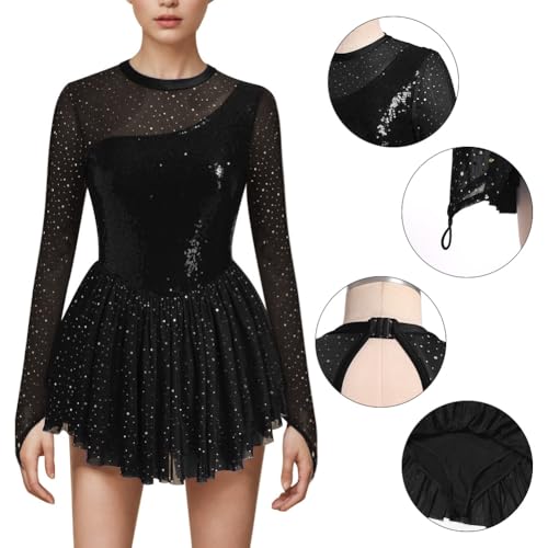 IBAKOM Figure Skating Dress for Women Sparkly Sequins Mesh Long Sleeve Teen Girl Ice Skater Outfits Mock Neck Adult Rhythmic Gymnastics Leotard Chiffon Mini Skirt Lyrical Dance Outfits Black XS - Image 3