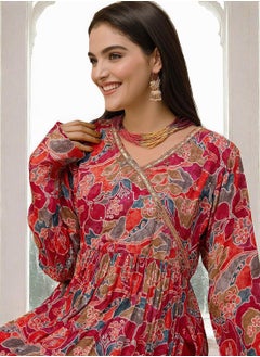 ISHIN Women's Multicoloured Chiffon Printed Tunic Full Length Casual Straight Fit Kurta Set  - Image 3