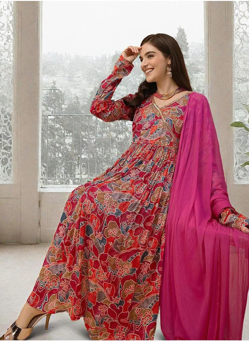 آي شين Women's Multicoloured Chiffon Printed Tunic Full Length Casual Straight Fit Kurta Set