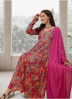 ISHIN Women's Multicoloured Chiffon Printed Tunic Full Length Casual Straight Fit Kurta Set  - Image 1
