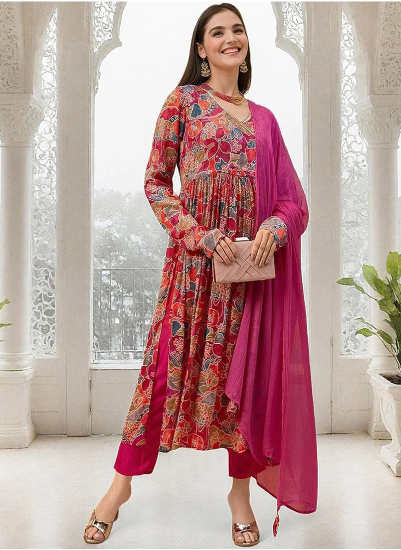 آي شين Women's Multicoloured Chiffon Printed Tunic Full Length Casual Straight Fit Kurta Set