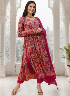 ISHIN Women's Multicoloured Chiffon Printed Tunic Full Length Casual Straight Fit Kurta Set  - Image 5