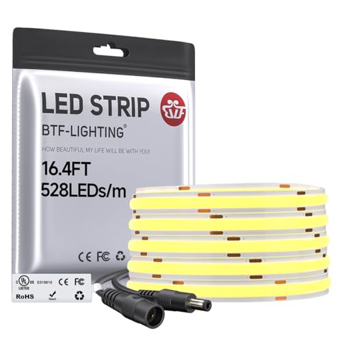 BTF-LIGHTING BTFLIGHTING FCOB COB LED Strip Warm White 2700K UL Listed 528LEDm High Density Uniform Light 164FT DC12V CRI 90 10mm Width Tape Light for Home Indoor DIY LightingNo Adapter or Controller - Image 1