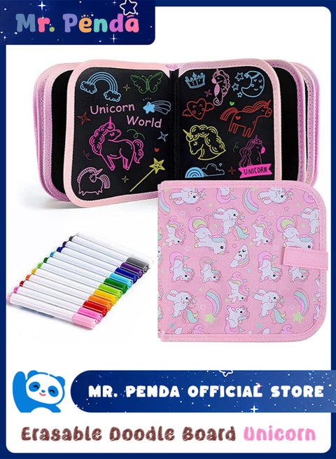 لوحة رسم قابلة للمسح مكونة من 14 صفحة للاولاد والبنات بعمر 3+ سنوات، هدايا عيد الميلاد والهالوين، مع 12 قلم تلوين (يونيكورن بينك)