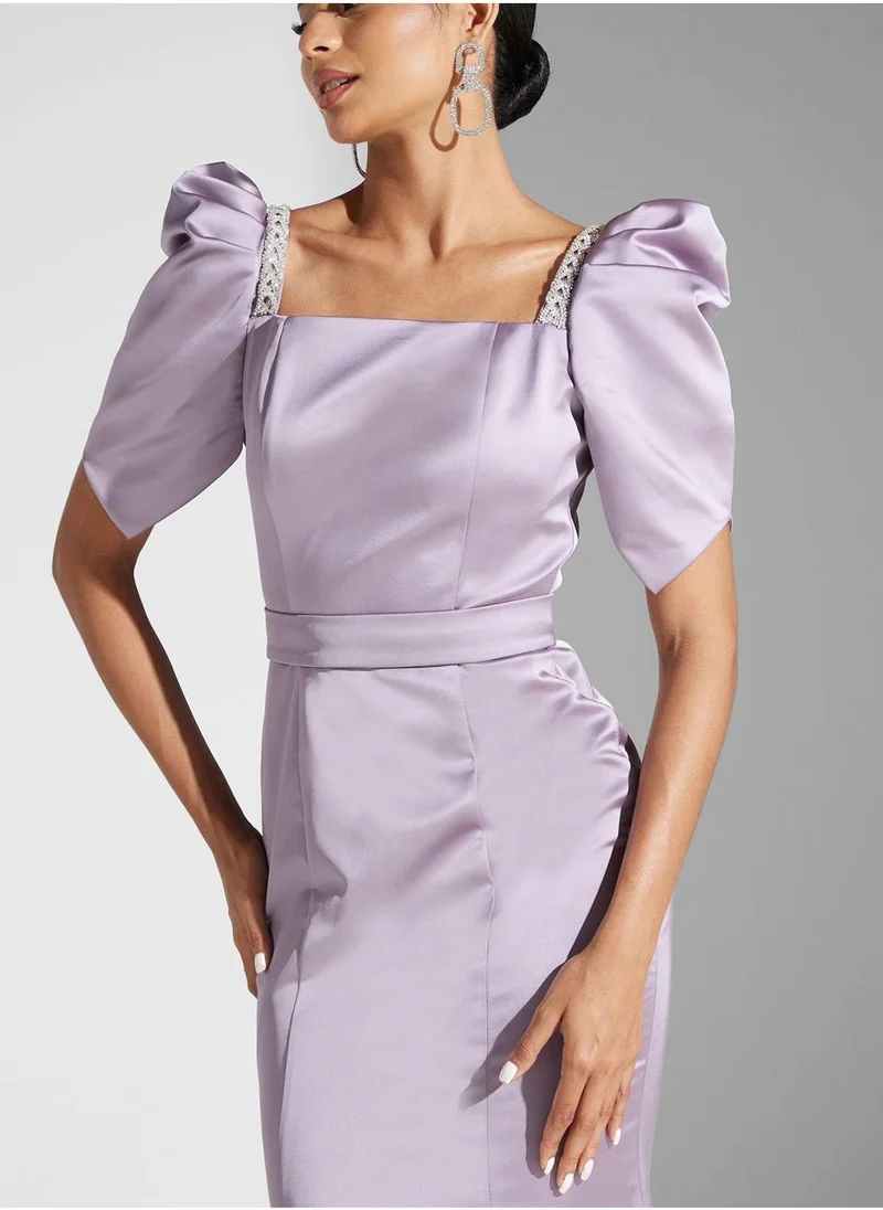 اكاديا فاشن Embellished Puff Sleeve Square Neck Dress