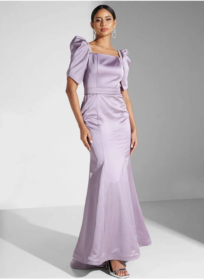 اكاديا فاشن Embellished Puff Sleeve Square Neck Dress