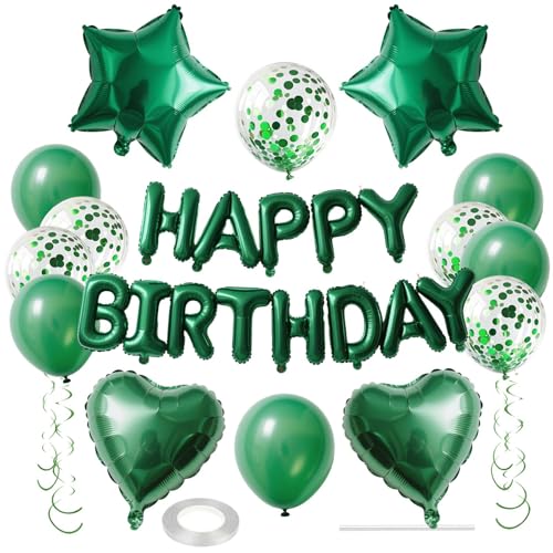 WEIKA 27 Pcs Green Birthday Decorations 3D Letters Green Happy Birthday Balloon Banner Pentagram Heart Foil Balloons Confetti Balloons Kit For Boys Girls Party Supplies - Image 1