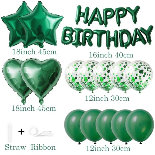 WEIKA 27 Pcs Green Birthday Decorations 3D Letters Green Happy Birthday Balloon Banner Pentagram Heart Foil Balloons Confetti Balloons Kit For Boys Girls Party Supplies - Image 5