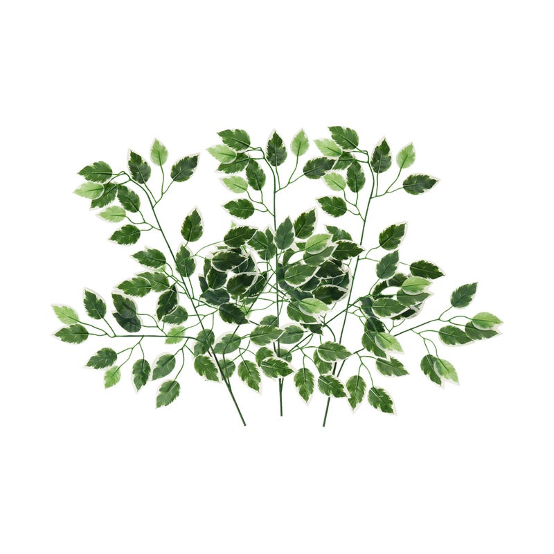 Alment Artificial Ficus Tree Leaves Branches | 3 Pcs Silk Green Leaves Plants for Wreath Benjamina Tree Indoor Outdoor Porch DIY | Wedding Bouquet Party Farmhouse Wall Decor (Green-White)
