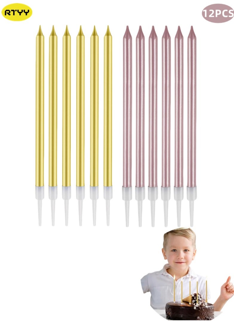 RTYY - 12 Count Birthday Candles Electroplate Birthday Candles Set Long Thin Cake Candles Slow Burning Candles for Birthday, Wedding, Lucky Party Decoration(Gold+Rose Gold) - Image 1