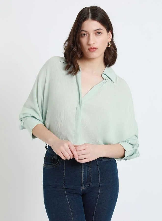 Dennis Lingo Mint Relaxed Fit Shirt for Women - Viscose Crepe, Full Sleeves, Shirt Collar, Solid, Casual,