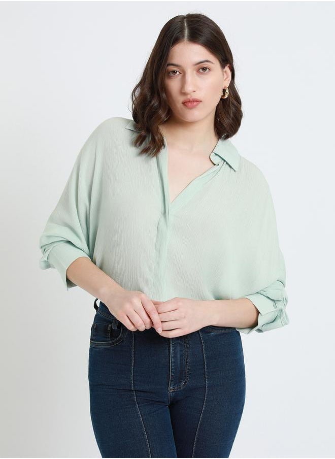 Dennis Lingo - Mint Relaxed Fit Shirt for Women - Viscose Crepe, Full Sleeves, Shirt Collar, Solid, Casual, - Image 1