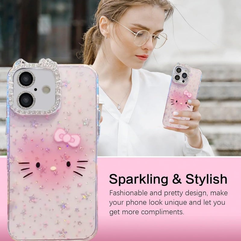Mobistyle غطاء خلفي لحماية الكاميرا بتصميم قطة لامعة لطيفة مصمم لـ iPhone 16 للنساء والفتيات | iPhone 16، وردي | - Image 4