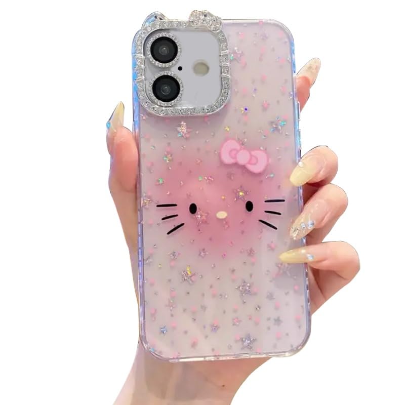 Mobistyle غطاء خلفي لحماية الكاميرا بتصميم قطة لامعة لطيفة مصمم لـ iPhone 16 للنساء والفتيات | iPhone 16، وردي | - Image 1