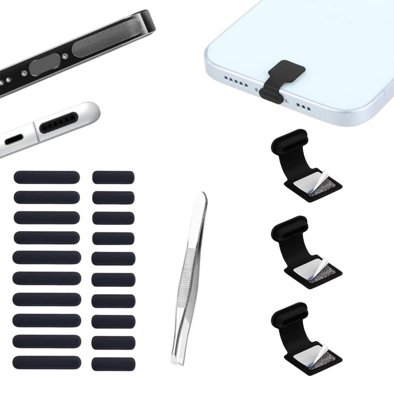 M.A.K أغطية حماية من الغبار لمنافذ الشحن من نوع C (3 قطع) مع ملصقات شبكية مضادة للغبار لمجموعة مكبرات الصوت (10S+10L)، ملقط مجاني، متوافقة مع الهواتف المحمولة والأجهزة اللوحية (مجموعة) - Image 1