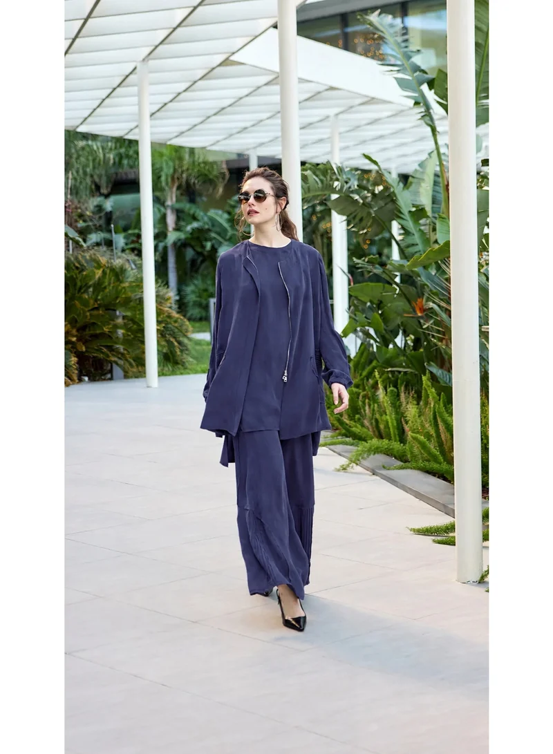 MissWhence Elegant Zip-Front Two-Piece Set for Women - Navy