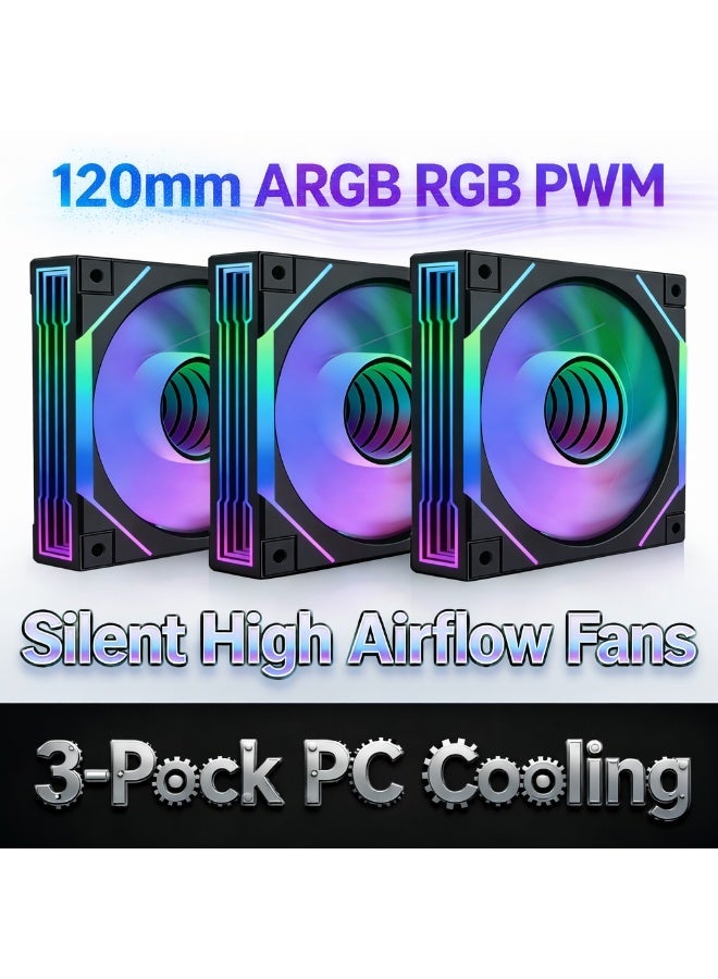 باور مجموعة من 3 مراوح تبريد لجهاز الكمبيوتر مقاس 120 ملم بتقنية ARGB RGB PWM - مراوح هادئة عالية التدفق الهوائي للهيكل والمبردات مع مزامنة 5 فولت ثلاثية الأطراف. - Image 1