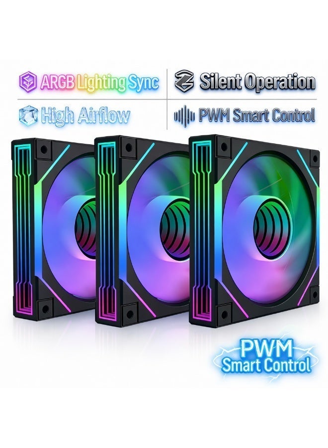 باور مجموعة من 3 مراوح تبريد لجهاز الكمبيوتر مقاس 120 ملم بتقنية ARGB RGB PWM - مراوح هادئة عالية التدفق الهوائي للهيكل والمبردات مع مزامنة 5 فولت ثلاثية الأطراف. - Image 2