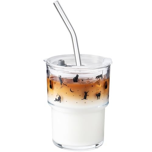 Olvini 13oz Glass Tumbler with Straw and Lid, Reusable Iced Coffee Cup Tumbler, Cute Glass Cups for Water, Matcha, Travel Coffee Mugs (Black Cat - 13oz) - Image 1