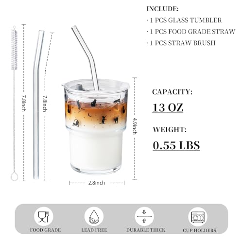 Olvini 13oz Glass Tumbler with Straw and Lid, Reusable Iced Coffee Cup Tumbler, Cute Glass Cups for Water, Matcha, Travel Coffee Mugs (Black Cat - 13oz) - Image 3