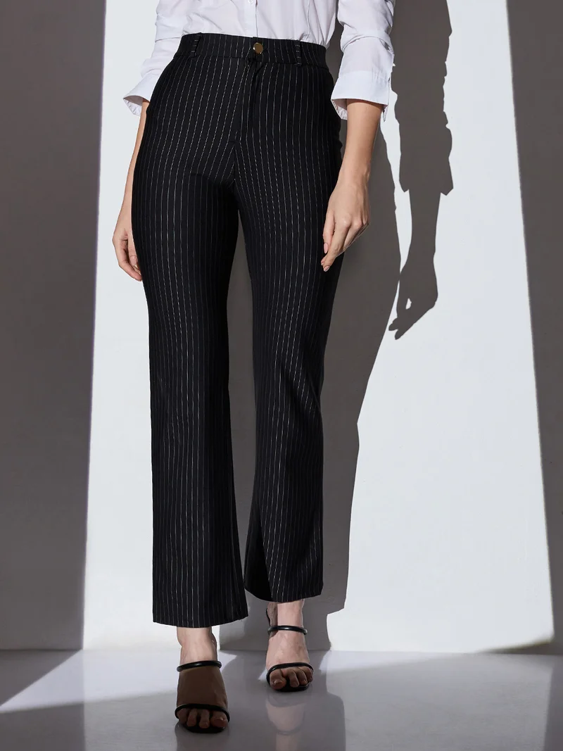 جلو باص بنطلون نسائي أسود متوسط الخصر مخطط بقصة مستقيمة وأرجل واسعة للملابس العملية