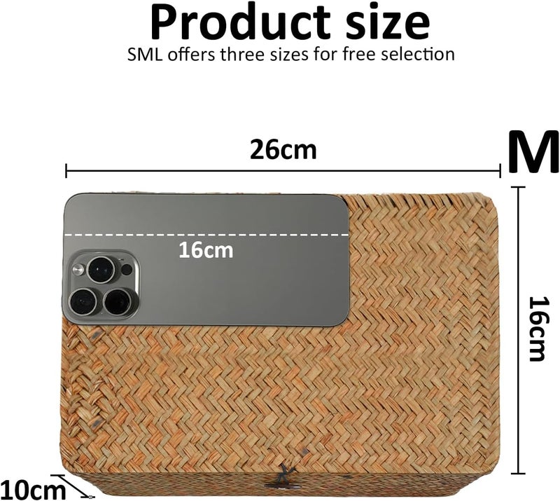 Esoes Wicker Storage Basket Woven Rattan Storage Box With Lids Seagrass Laundry Baskets Makeup Organizer For Bathroom, Living Room, Kitchen (M) - Image 2