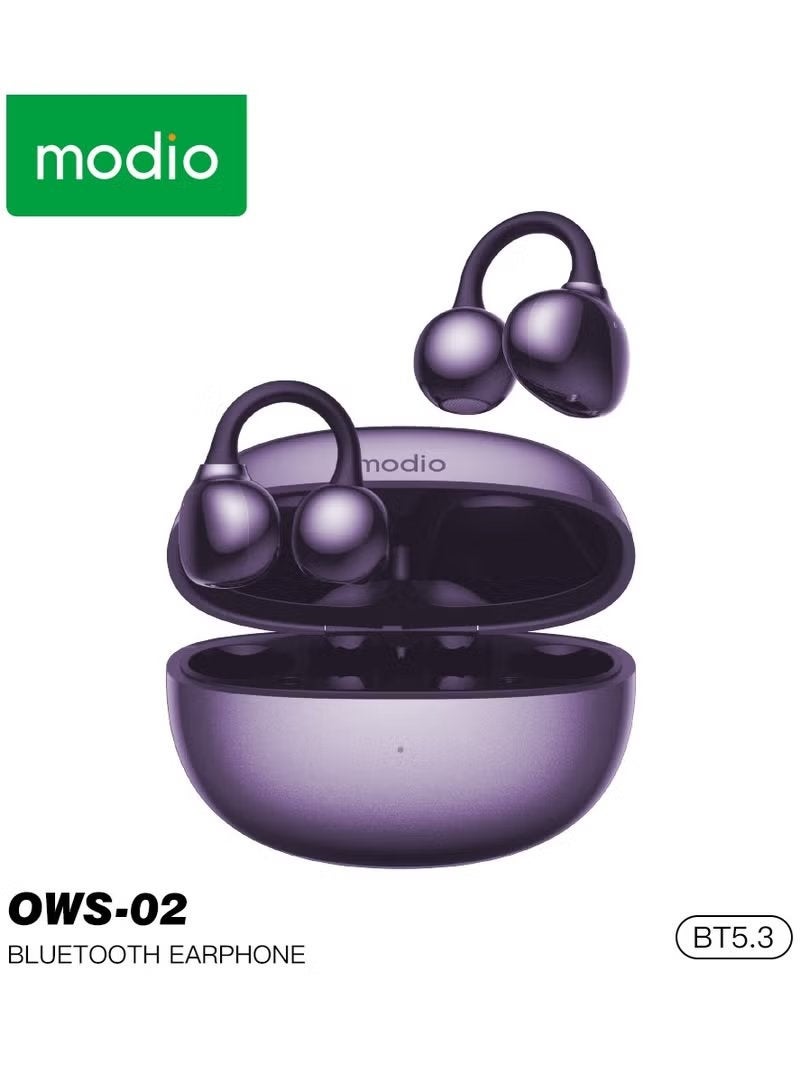 modio OWS-02 Wireless Ear Clip Open-Ear Earbuds with Charging Case, Touch Control, Crystal Clear Microphone, Deep Bass Sound, Lightweight Secure Fit & Long Battery Life for Sports & Daily Use Purple - Image 1