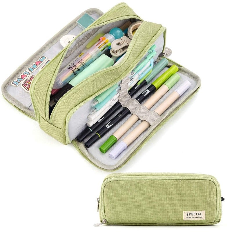 Pencil Case 8.46*2.76*3.54In Green - Durable Tear-Resistant Material Strong Metal Zippers Large 3-Compartment Storage Pencil Pouch for Students Artists Travel Daily Use - Image 1