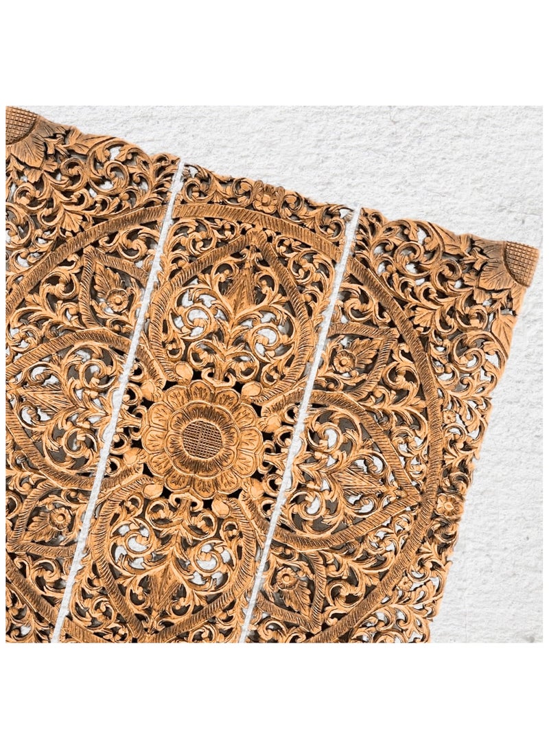 سوق ديزاينز ديكور حائط ماندالا - لوحات ميدالية زهور ريفية عتيقة MDF فن الأزهار التقليدية ميدالية ديكور جدار منحوت معلق بوهو مربع منحوت MDF 3 قطع 120x120 سم  - Image 1