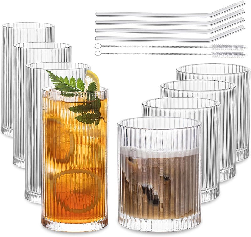 INSETLAN Set of 8 Vintage Glassware  4 Highball Glasses 12 oz 4 Rocks Glass Cups 14 oz Ribbed Glassware Cocktail Glasses Ideal for Wine Juice Water Ice Coffee Cup Whiskey Mixed Drinkware - Image 1