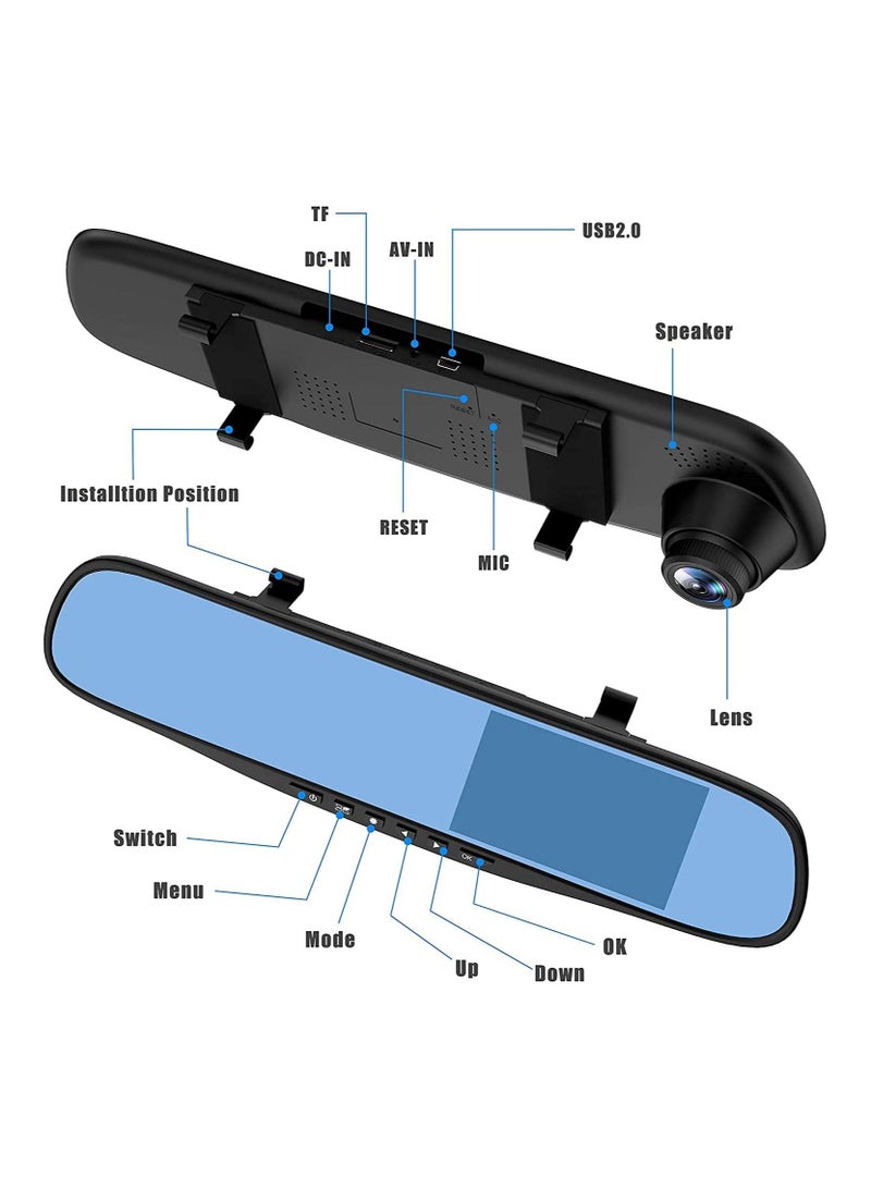 Car Dash Camera 4.3 Inch Full HD 1080P Dual Lens 170 Wide Angle Front And Rear Mirror Mount DVR With G-Sensor Loop Recording Night Vision - Image 3