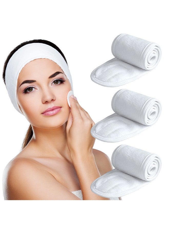 Denfany 3 Pack Makeup Headband, Ultra Soft Adjustable Spa Facial Headbands Terry Cloth Stretch Make Up Wrap for Face Washing, Shower, Facial Mask, Yoga (White+White+White)