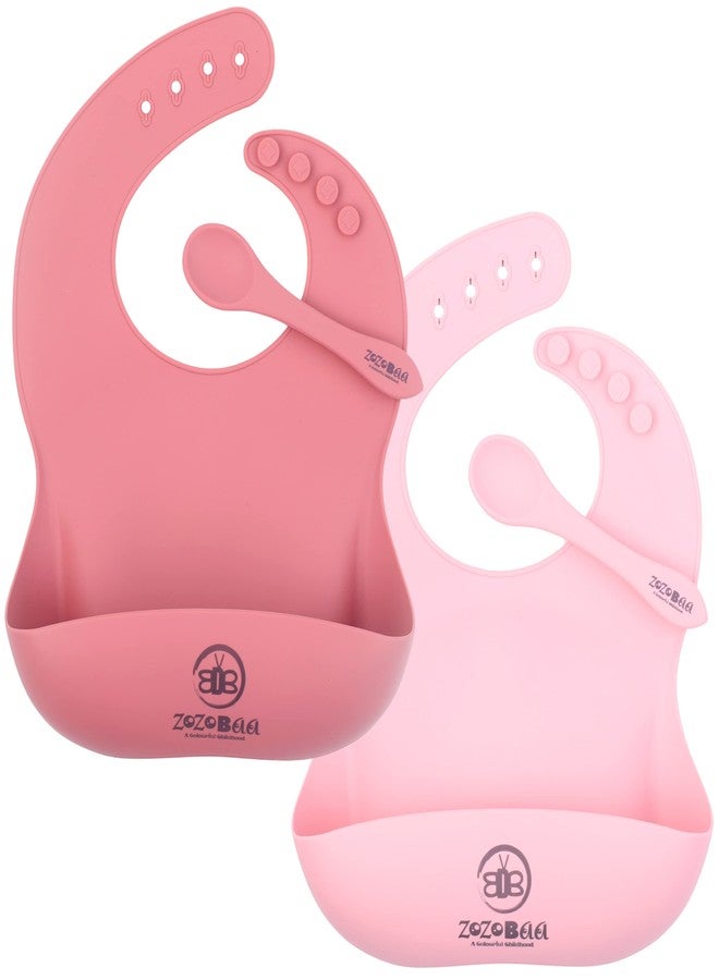 ZoZoBaa Silicone Baby Bib with Easy Grip Spoon For Feeding Toddlers|Waterproof & Reusable Bib with button for Infants |Soft, Light Weight, BPA Free, Pack of 4, Dark Red & Pink - Image 1