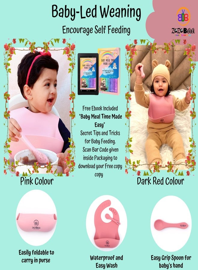 ZoZoBaa Silicone Baby Bib with Easy Grip Spoon For Feeding Toddlers|Waterproof & Reusable Bib with button for Infants |Soft, Light Weight, BPA Free, Pack of 4, Dark Red & Pink - Image 5