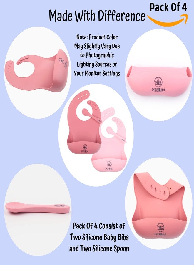 ZoZoBaa Silicone Baby Bib with Easy Grip Spoon For Feeding Toddlers|Waterproof & Reusable Bib with button for Infants |Soft, Light Weight, BPA Free, Pack of 4, Dark Red & Pink - Image 4