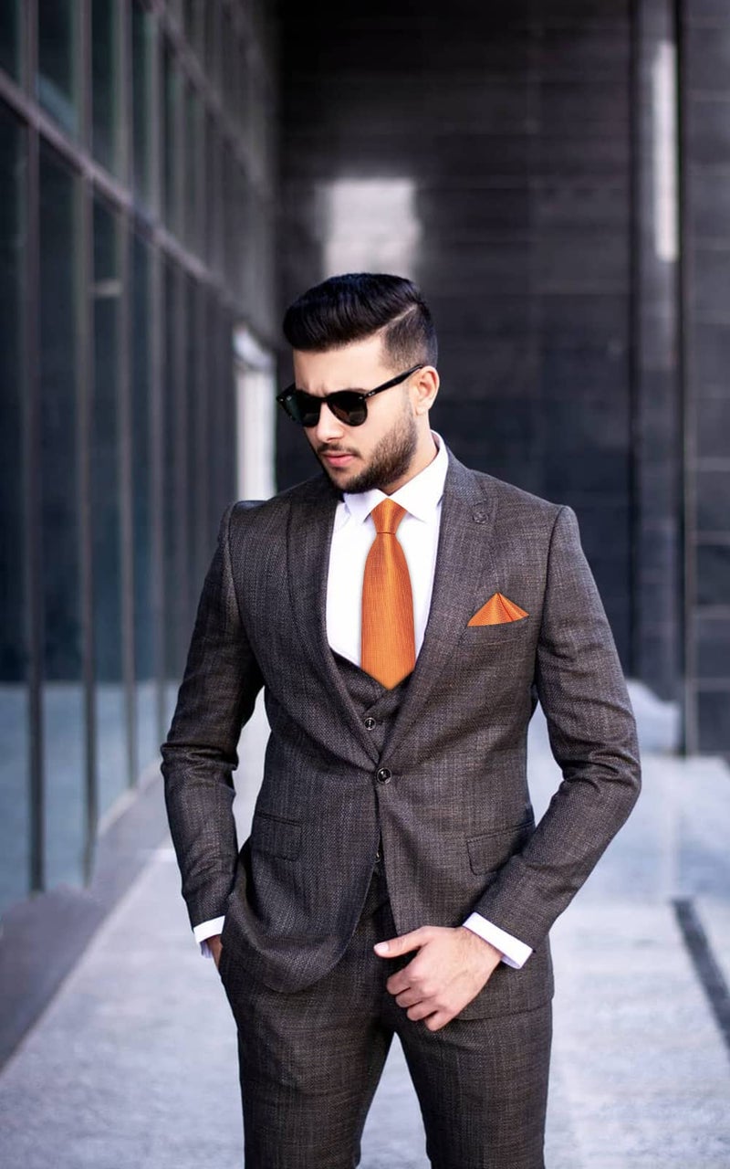 DiBanGu Mens Solid Color Tie and Pocket Square Set Woven Silk Plain Necktie & Handkerchief for Men Wedding Party Formal, Burnt Orange - Image 2