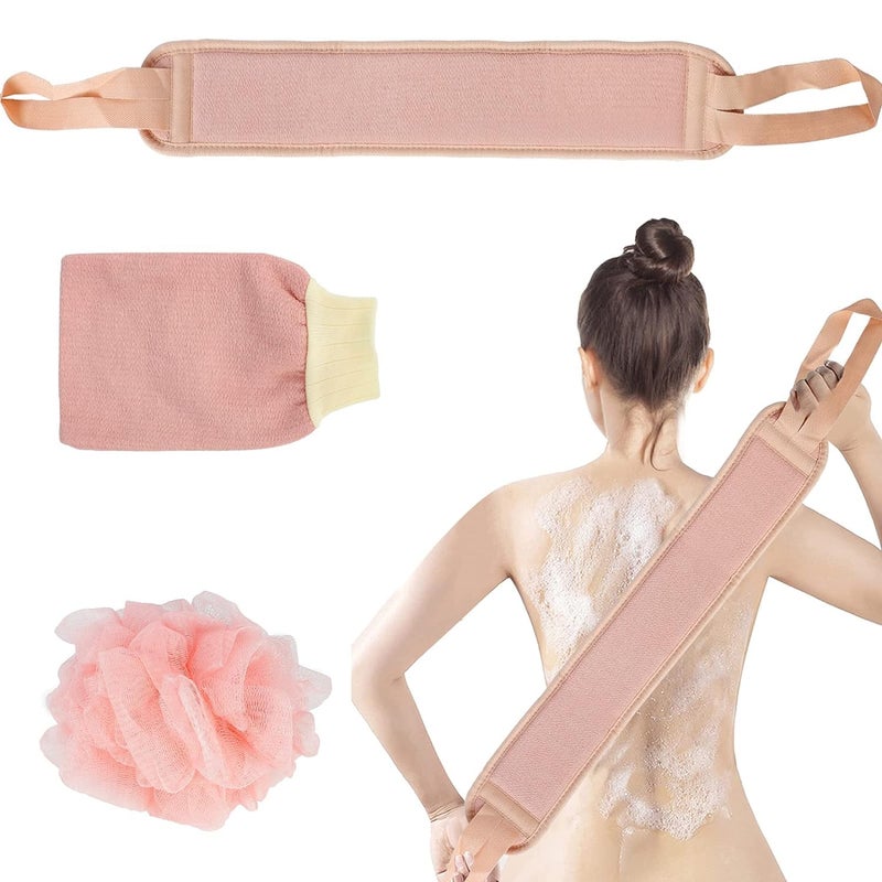 VAJIN 3Pcs Bathing Exfoliating Set Back Scrubber, Sponge Loofah Ball, Loofah Glove | Double Sided Strap & Loofah Ball Removes Dead Skin | A 3 Pcs set. - Image 1