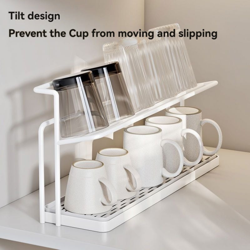 Cup Storage Rack: White Carbon Steel Frame - Double-Layer Large-Capacity Design With Independent Retractable Drain Tray For Kitchen Bar Countertop Organization - Image 5