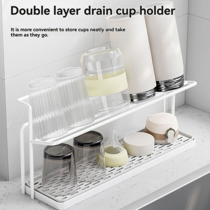 Cup Storage Rack: White Carbon Steel Frame - Double-Layer Large-Capacity Design With Independent Retractable Drain Tray For Kitchen Bar Countertop Organization - Image 4