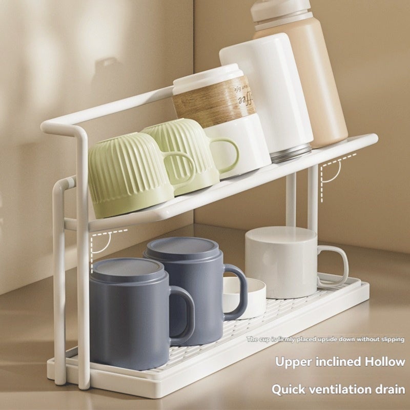 Cup Storage Rack: White Carbon Steel Frame - Double-Layer Large-Capacity Design With Independent Retractable Drain Tray For Kitchen Bar Countertop Organization - Image 3