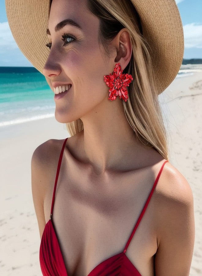 BriLove Stunning Gorgeous Rhinestone Marquise Simulated Pearl Floral Star-Shaped Stud Earrings for Women Summer Refreshing Seaside Idyllic Holiday Ruby Color Black-Tone - Image 2