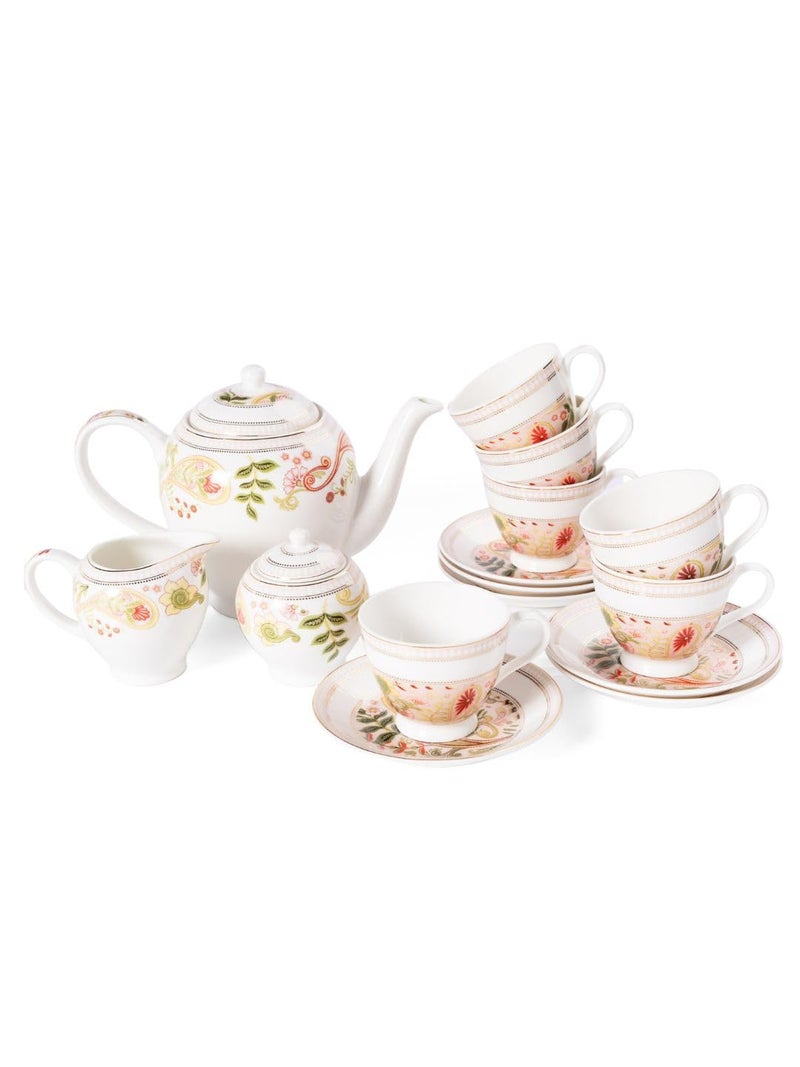 Clay Craft Fine Ceramic Printed Tea Set of 15 (6 Cups + 6 Saucers +1 Milk Pot + 1 Sugar Pot + 1 Tea Pot) -160 ml Each - Image 3