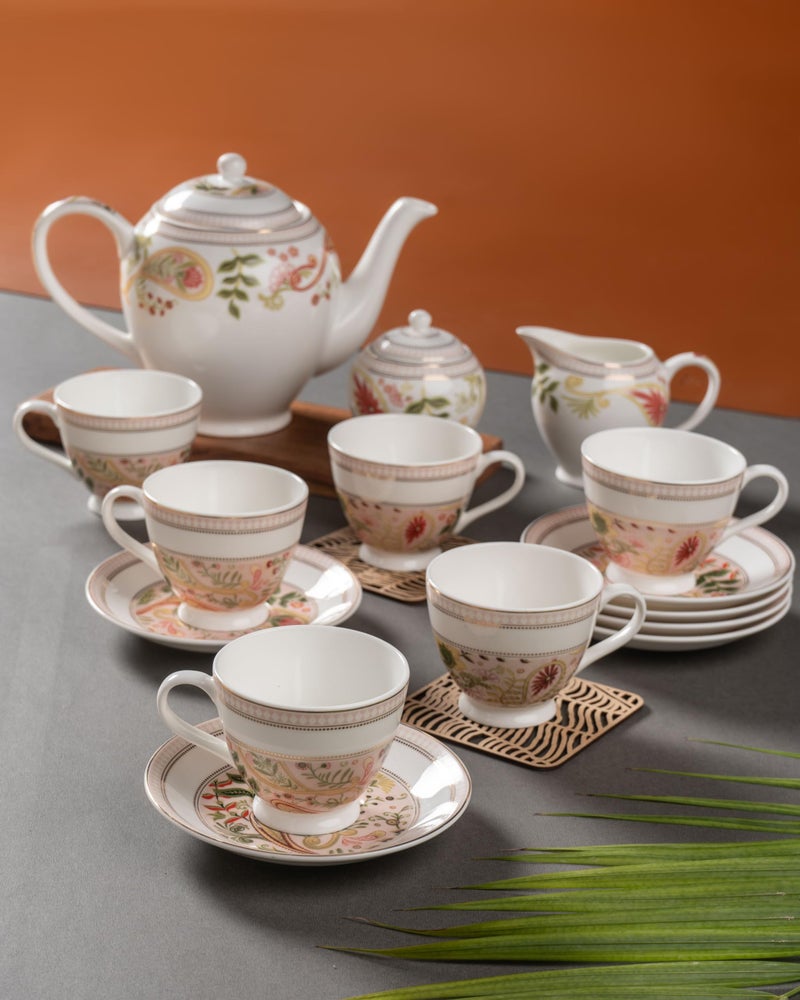 Clay Craft Fine Ceramic Printed Tea Set of 15 (6 Cups + 6 Saucers +1 Milk Pot + 1 Sugar Pot + 1 Tea Pot) -160 ml Each - Image 1