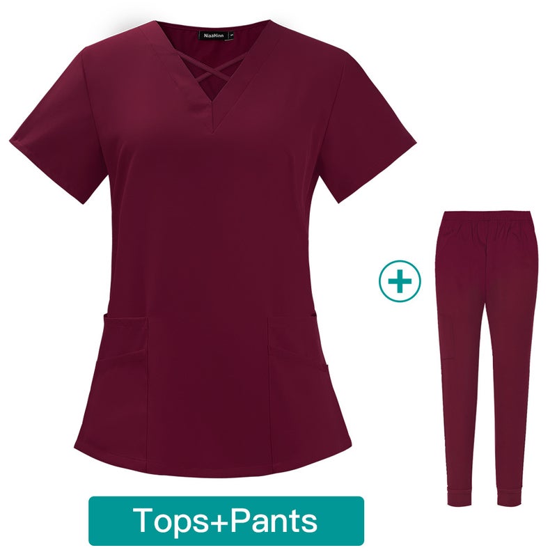Womens Summer Thin Medical Scrubs Set Breathable 42026-LW wine red 